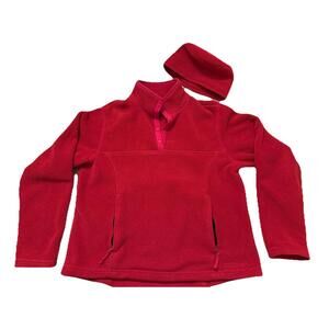 LL BEAN 3/4 Snap Fleece Sweatshirt With Matching Hat Polartec Women's M red warm